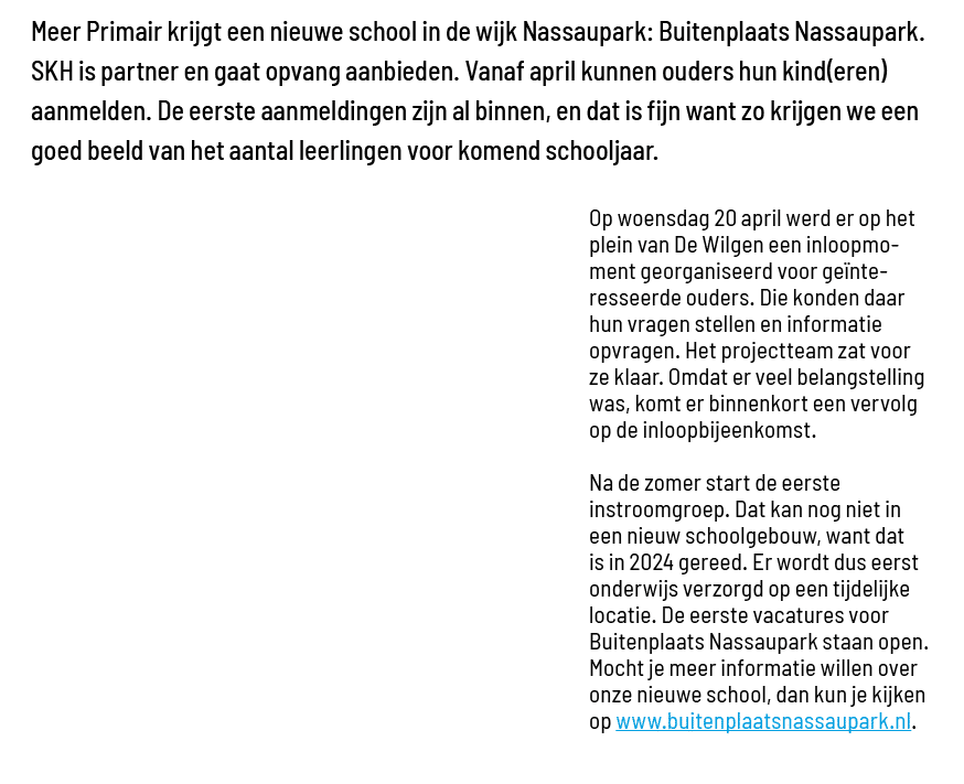 Meer Primair krijgt een nieuwe school in de wijk Nassaupark: Buitenplaats Nassaupark  SKH is partner en gaat opvang a   